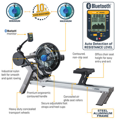 [FDF Fluid Rower] E550 - Commercial 10 Levels Adjustable Fluid Resistance Aluminium Rower
